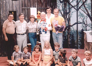 Here's the crew of TREE HOUSE, a popular kids show on CKCO-TV with Danny Caughlin. Left to right...Pat Ludwig, Ted Rooney, Betty Thompson, Danny, Ken and Terry Thomas. Ken and Terry did the puppets.